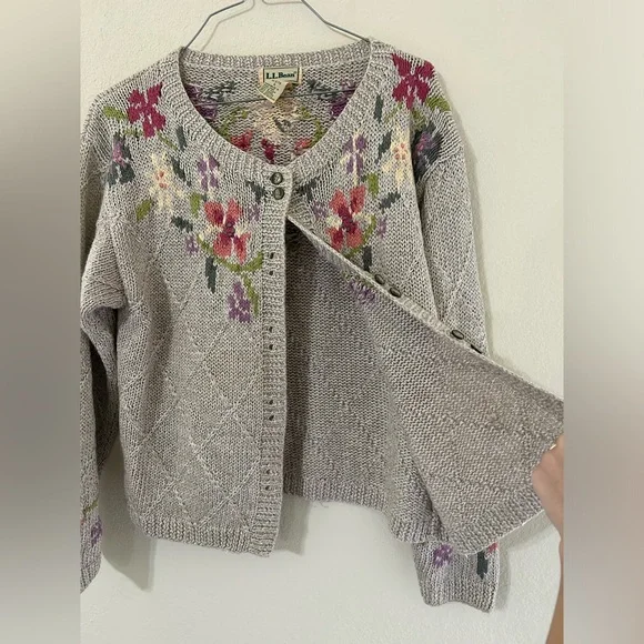 Vintage L.L. Bean Floral Knit Women's Sweater Tan/pink Button Up Cotton Ramie S - Picture 3 of 11